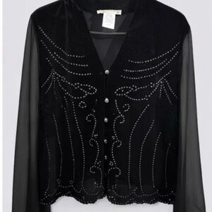 Vintage 90s Black Sheer Rhinestone Button-Up Top Women’s 14P